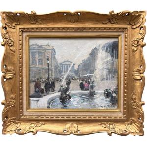 Herve Jules French Painting 20th Century Paris Animation Place De La Concorde Oil Signed Certificate