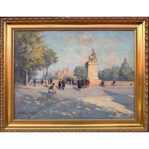 Herve-mathe Jules Peinture Française Paris Pont Du Carrousel Oil On Canvas Signed Certificate
