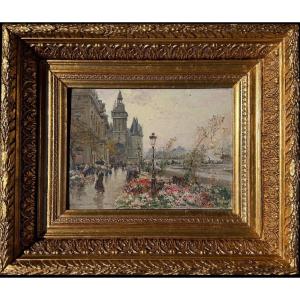 Stein Georges, Paris: The Flower Market On île De La Cité; Oil On Panel; Signed; Certificate