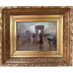 Stein Georges Paris Scene On The Champs-élysées Oil On Panel Signed Certificate