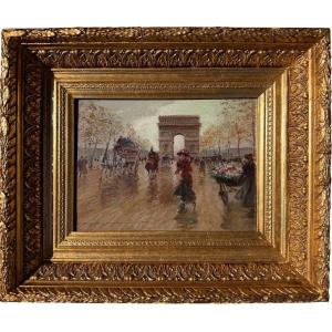 Stein Georges Paris Scene On The Champs-élysées Oil On Panel Signed Certificate