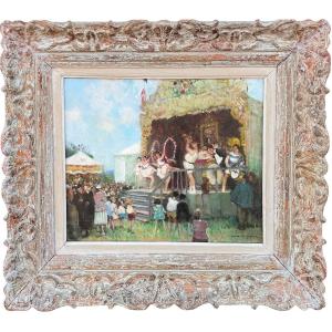 HERVE Jules Tableau Impressionniste XXè La fête foraine Huile sur toile Signée Certificat