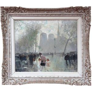 Herve Jules Impressionist Painting, 20th Century, Paris, Scene In Front Of Notre Dame, Oil On Canvas, Signed