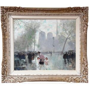 HERVE Jules Peinture impressionniste 20è Paris animation devant Notre Dame Huile Toile signée