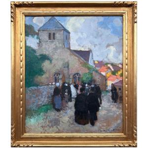 HERVE Jules Tableau Impressionniste XXè L'arrivée des mariés à l'église Huile signée Certificat