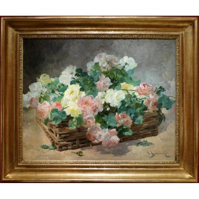 Jeannin Georges Peinture Française 19è Siècle Panier De Roses Huile Sur Toile Signée