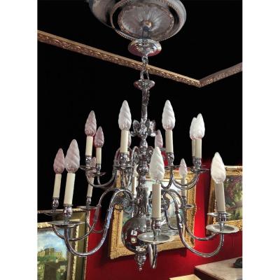 Lustre Ancien De Style Hollandais 20ème Siecle En Metal Chrome Luminaire 16 Lumieres