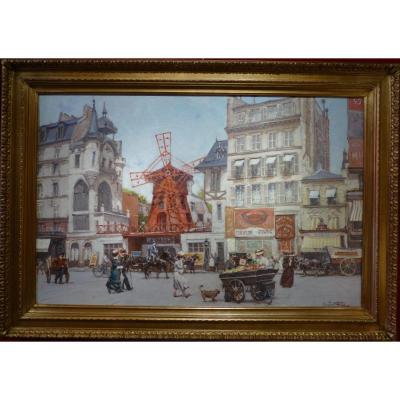 Leon Zeytline Russian School 20th Century View Of Paris The Moulin Rouge Oil On Canvas Signed
