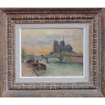 Madelain Gustave Impressionist Painting 19th Notre Dame Barges In  Paris Oil Signed At The Back