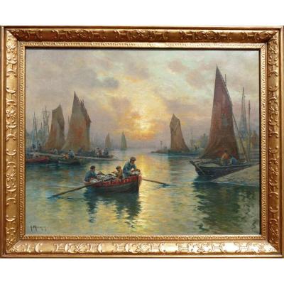 Maroniez Georges French Painting End XIXth The Return Of The Fishermen Oil On Canvas Signed