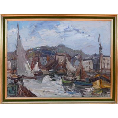 Herbo Fernand Peinture Française XXè Normandie Honfleur Et Son Port Huile Toile Signée
