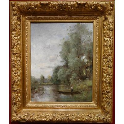 Trouillebert Paul Desire Painting 19th Barbizon School Fisherman In His Boat Oil Canvas Signed