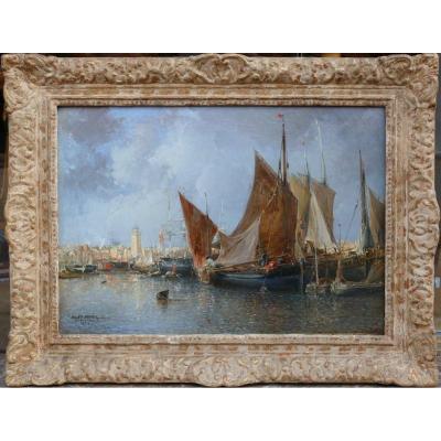 Noel Jules French Ancient Painting 19th Harbour In Normandie Oil On Canvas Signed And Dated