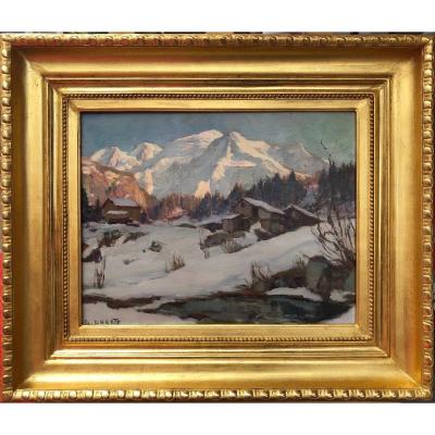 Abrate Angelo 20th Century Painting Sun On Mont Blanc Oil Signed Certificat