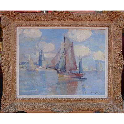 Morchain Paul Painting 20th Fishing Boats Leaving The Port Of La Rochelle Oil Signed