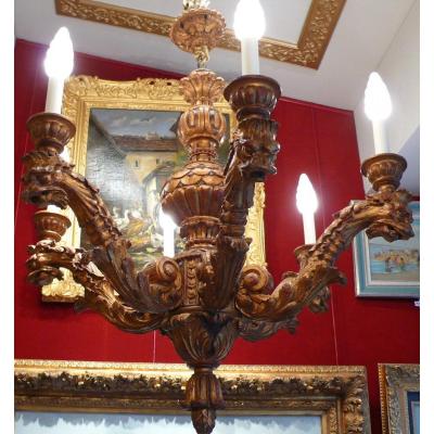 Chandelier In Carved Wood Six Branches Of Lights XVIIth Century Style