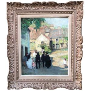 Herve Jules Painting 20th Century Communion Day In The Countryside Oil On Canvas Signed