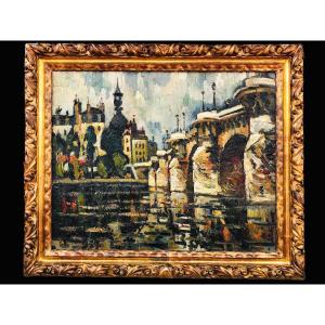 Dumont Pierre Painting 20th Century Paris Pont Neuf On The Seine Painting Oil On Canvas Signed