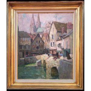 Herve Jules Painting 20th Century Le Pont Boujou Chartres Cathedral Oil On Canvas Signed