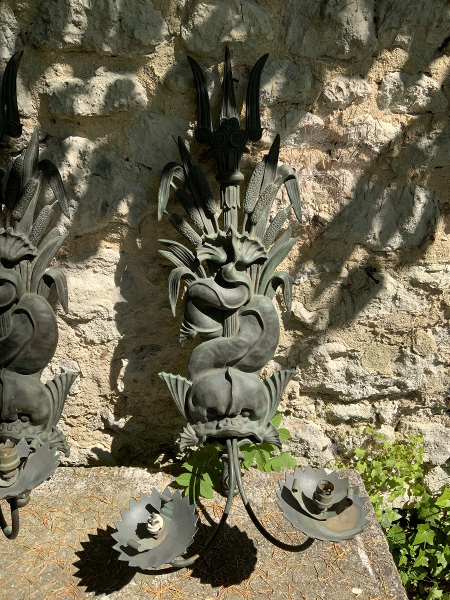 Very Large Pair Of Dolphin Wall Lights.-photo-2