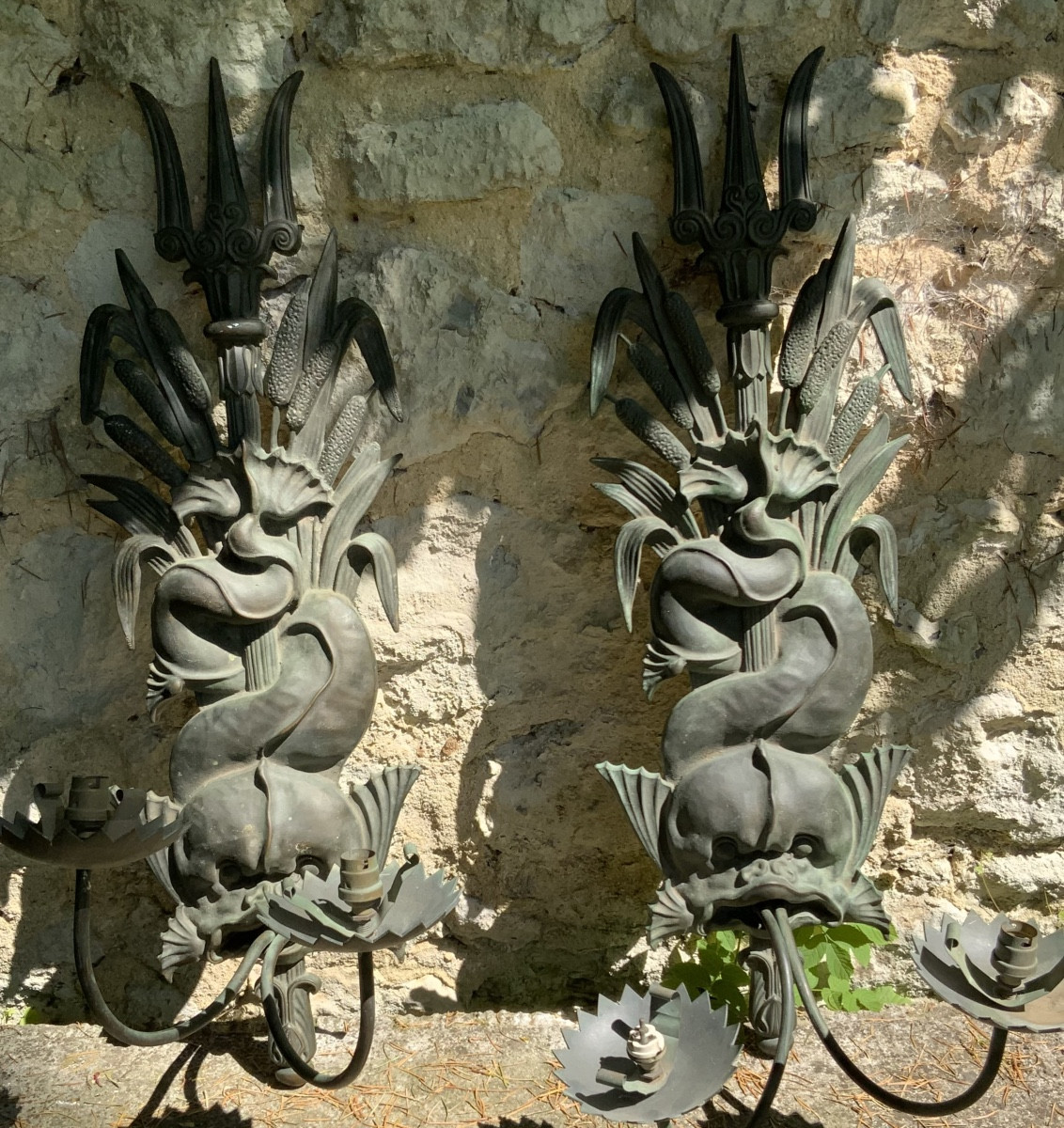 Very Large Pair Of Dolphin Wall Lights.
