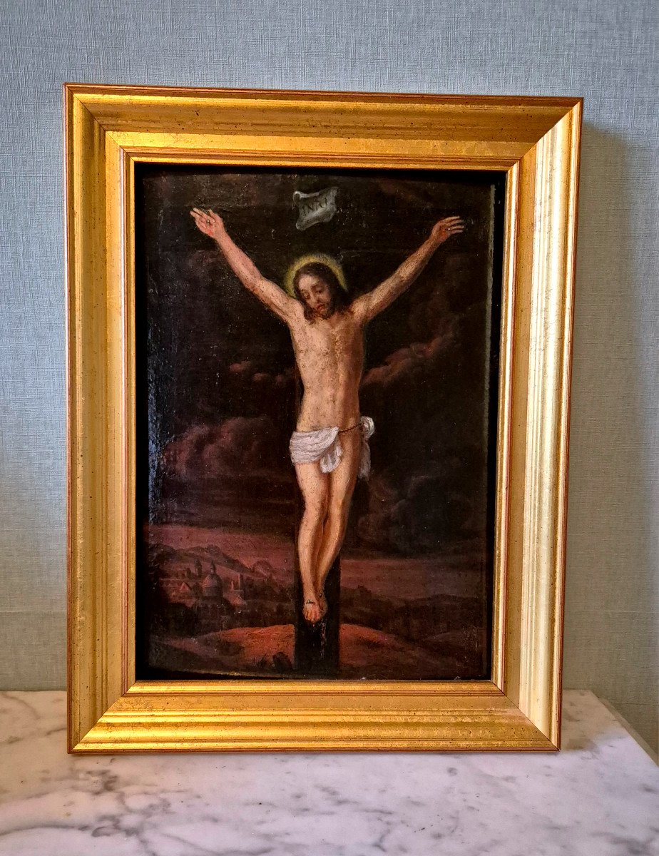 Oil On Wood - Christ On The Cross On Panel - 18th Century - Religious Art