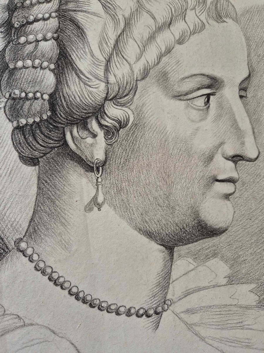 Marie De Medici - Original Pencil Drawing - Alphonse De Boisricheux - Empire - 19th Century-photo-2