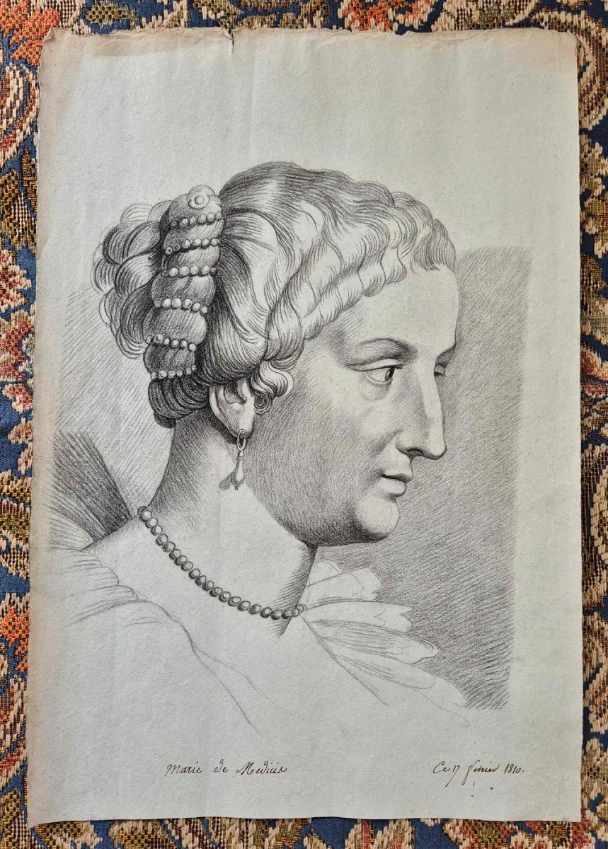 Marie De Medici - Original Pencil Drawing - Alphonse De Boisricheux - Empire - 19th Century