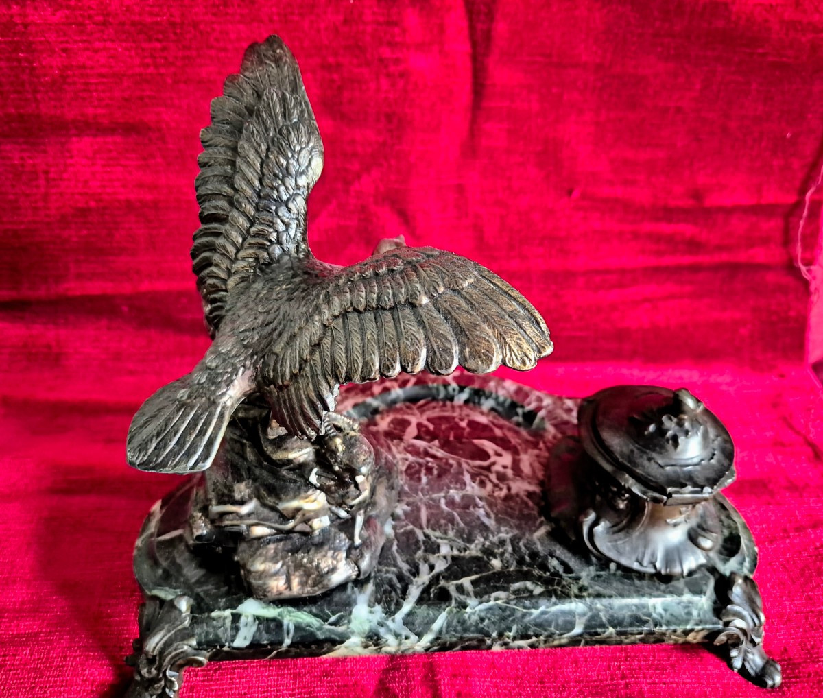 Green Marble Inkwell And Spelter Eagle, Napoleon III Period -photo-2
