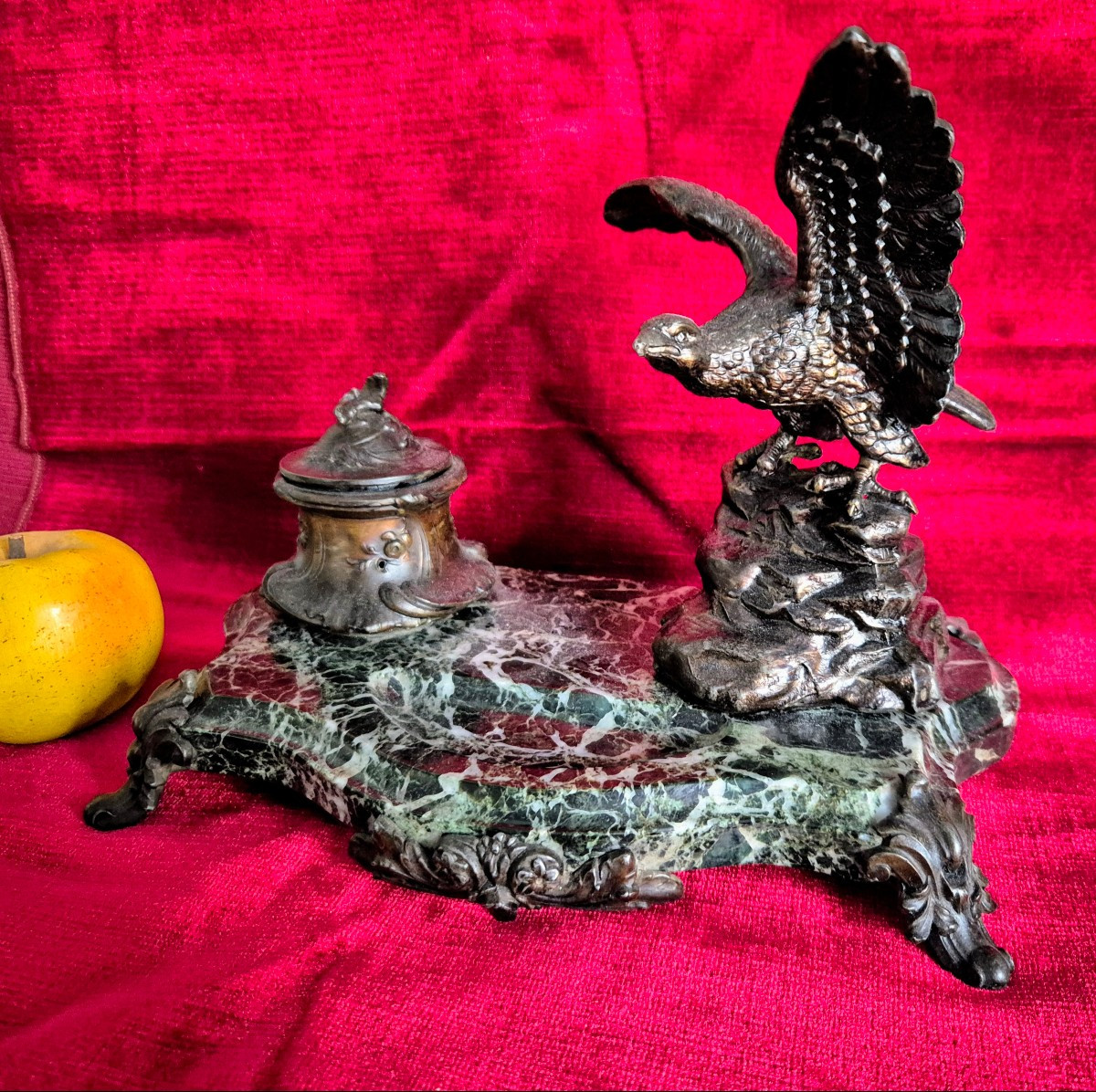 Green Marble Inkwell And Spelter Eagle, Napoleon III Period -photo-3