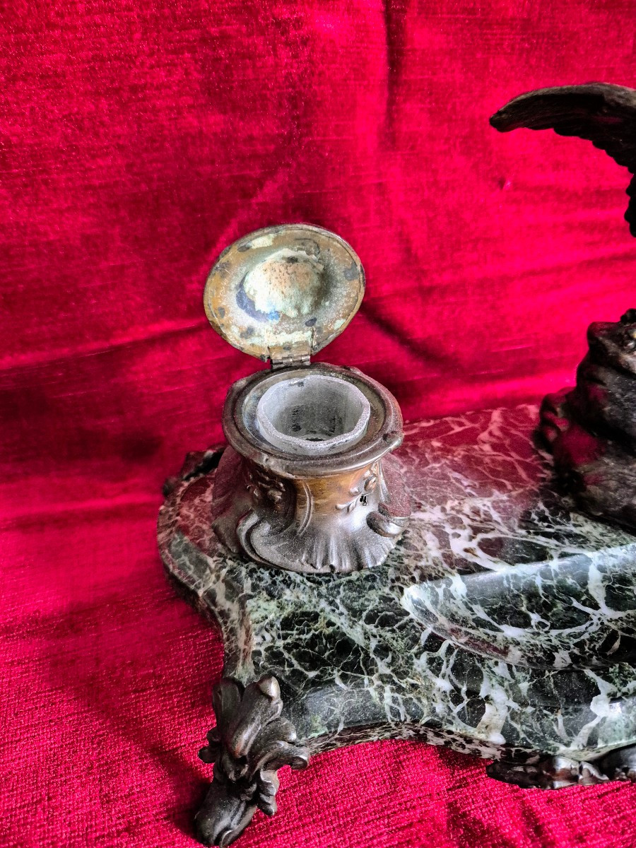 Green Marble Inkwell And Spelter Eagle, Napoleon III Period -photo-1