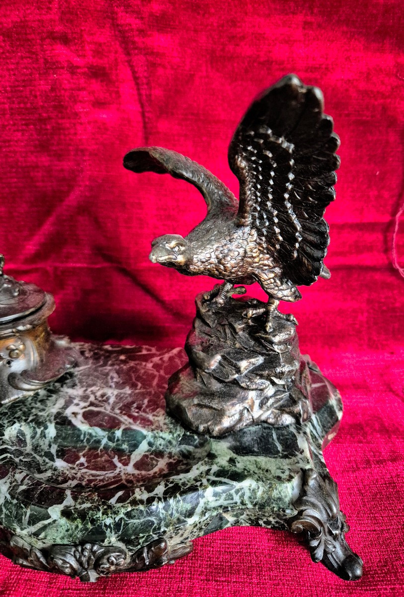 Green Marble Inkwell And Spelter Eagle, Napoleon III Period -photo-3