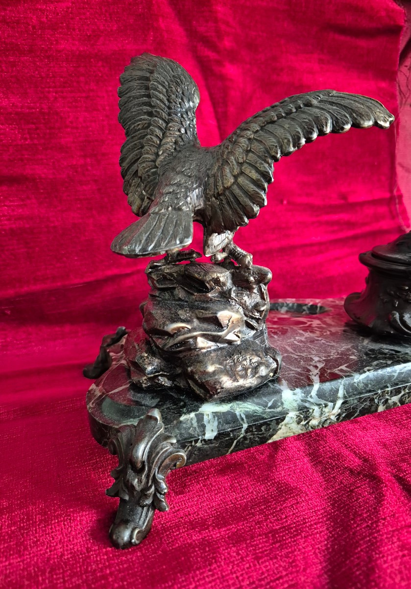 Green Marble Inkwell And Spelter Eagle, Napoleon III Period -photo-2