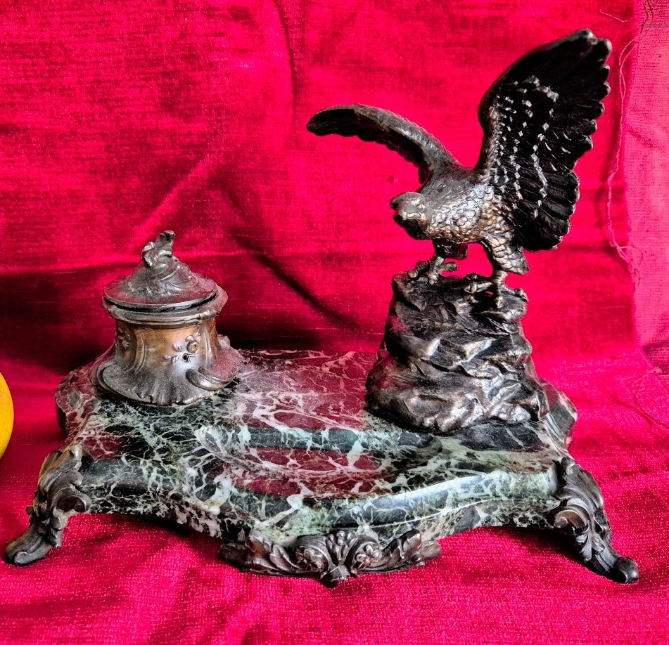 Green Marble Inkwell And Spelter Eagle, Napoleon III Period 