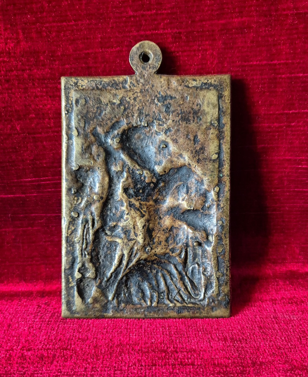 Baiser de paix XVIIe siècle en Bronze - Marie Madeleine adorant un crucifix-photo-2