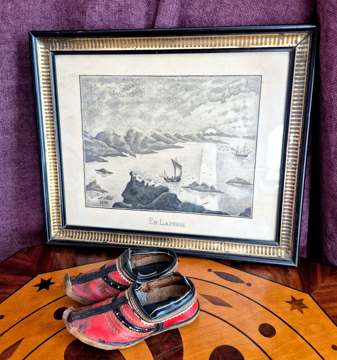 La Laponie - Paire de chaussures Samis et Dessin original 1895