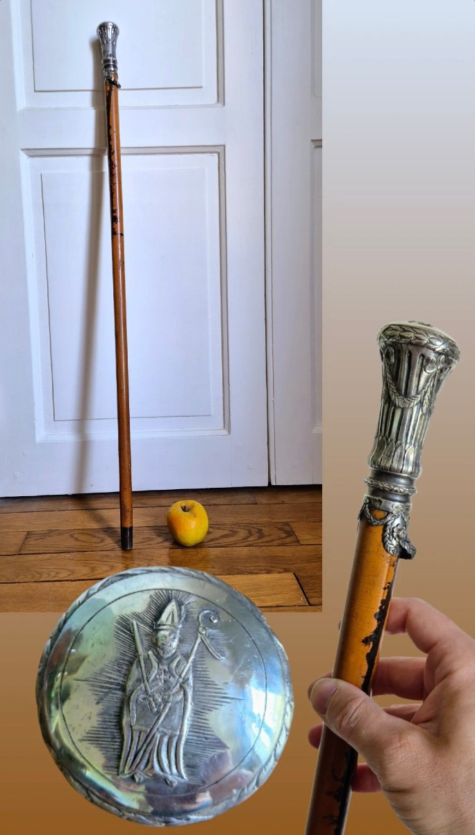 Canne d'évêque - Pommeau en argent et fût en jonc-photo-2