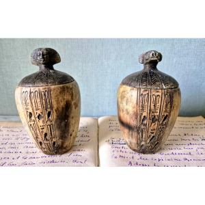 Paire de Vases Canopes Egyptiens en Albâtre - Fin XIXe siècle - Le Grand Tour