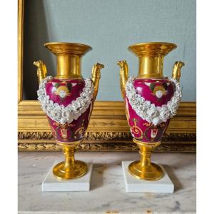 Paire de vases Epoque Empire attribuée à Dagoty – Vases aux saisons. Allégorie de la musique 