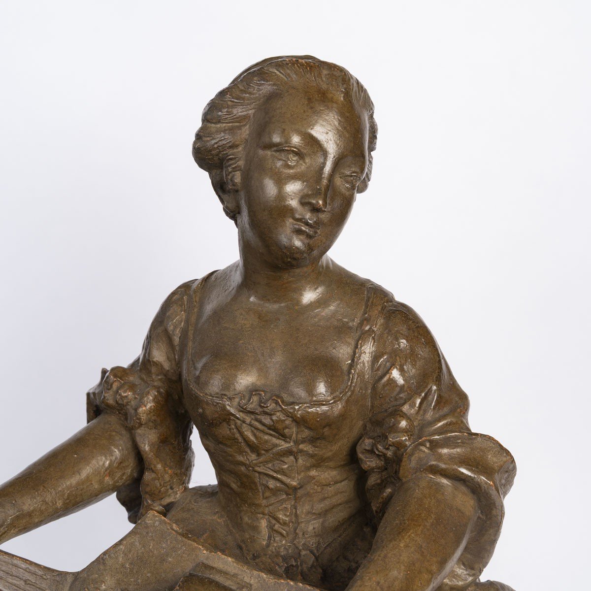 Terre cuite, Jeune femme à la mandoline, époque XIXe siècle, de style Louis XV.-photo-3