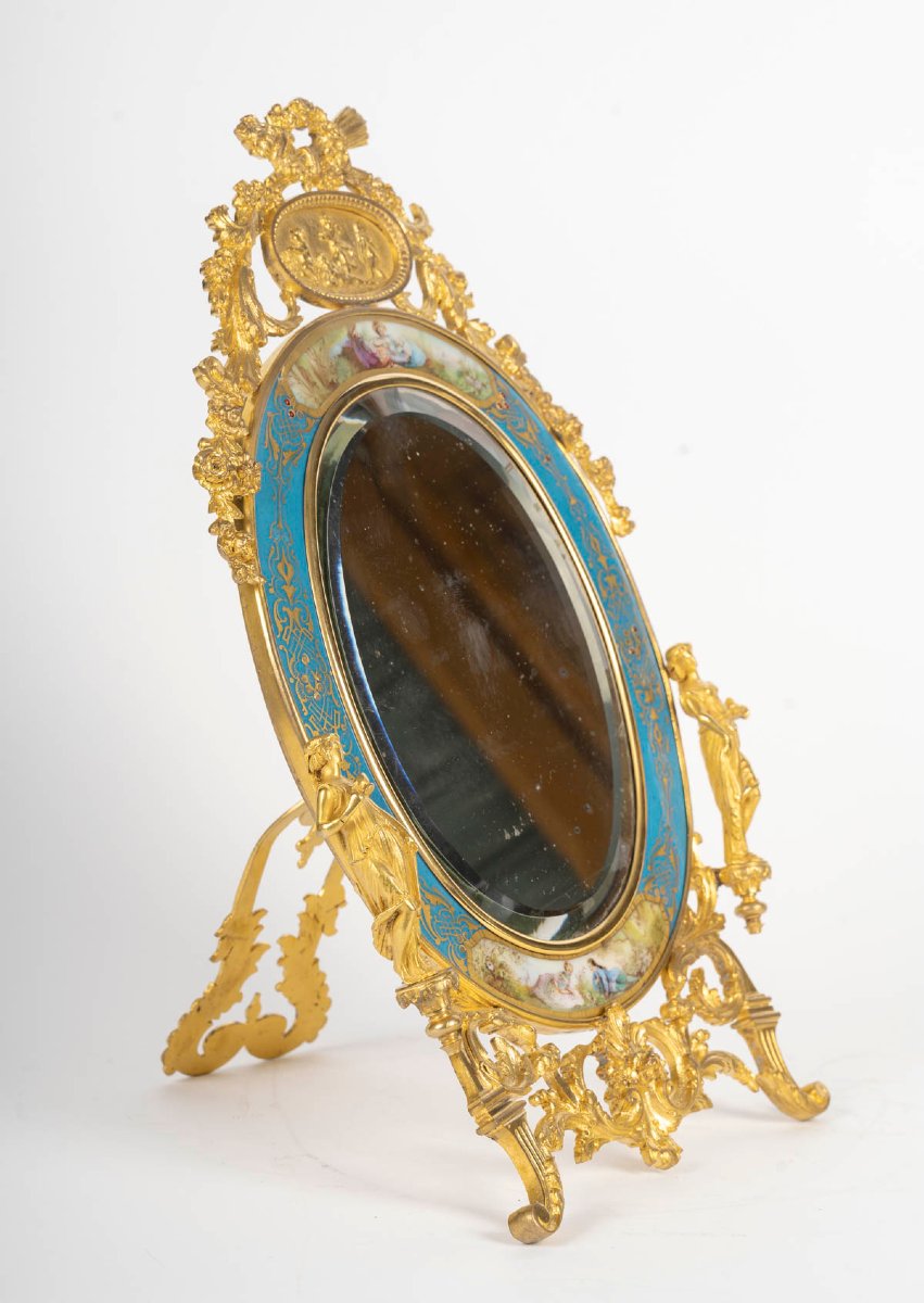 Table Mirror In Gilded Bronze And Porcelain In The Sèvres Style—louis XVI Style, N Period-photo-2