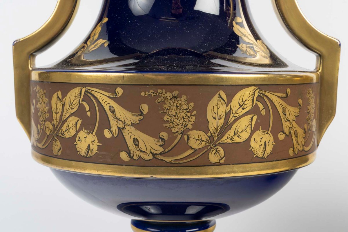 Pair Of Lidded Vases Made Of Cobalt-blue Porcelain – Manufacture Jaget & Pinon, Decorated By Paul Mathi-photo-4