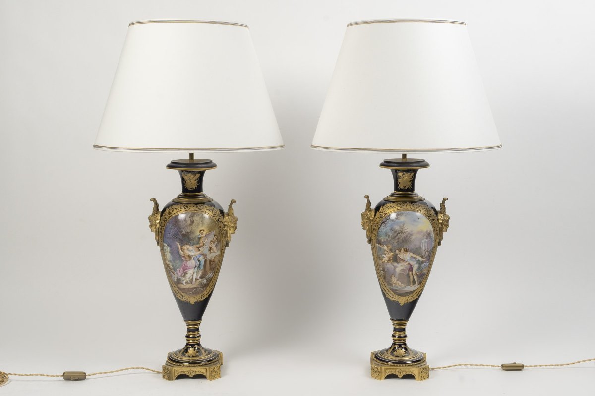 Pair Of Cobalt-blue And Gilded Bronze Porcelain Lamps, With Hand-painted Designs – Late 19th Century