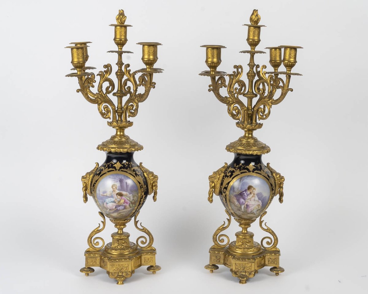 Napoleon III-style Fireplace Mantelpiece In Gilded Bronze And Sèvres Blue Porcelain – Late 19th Century -photo-3