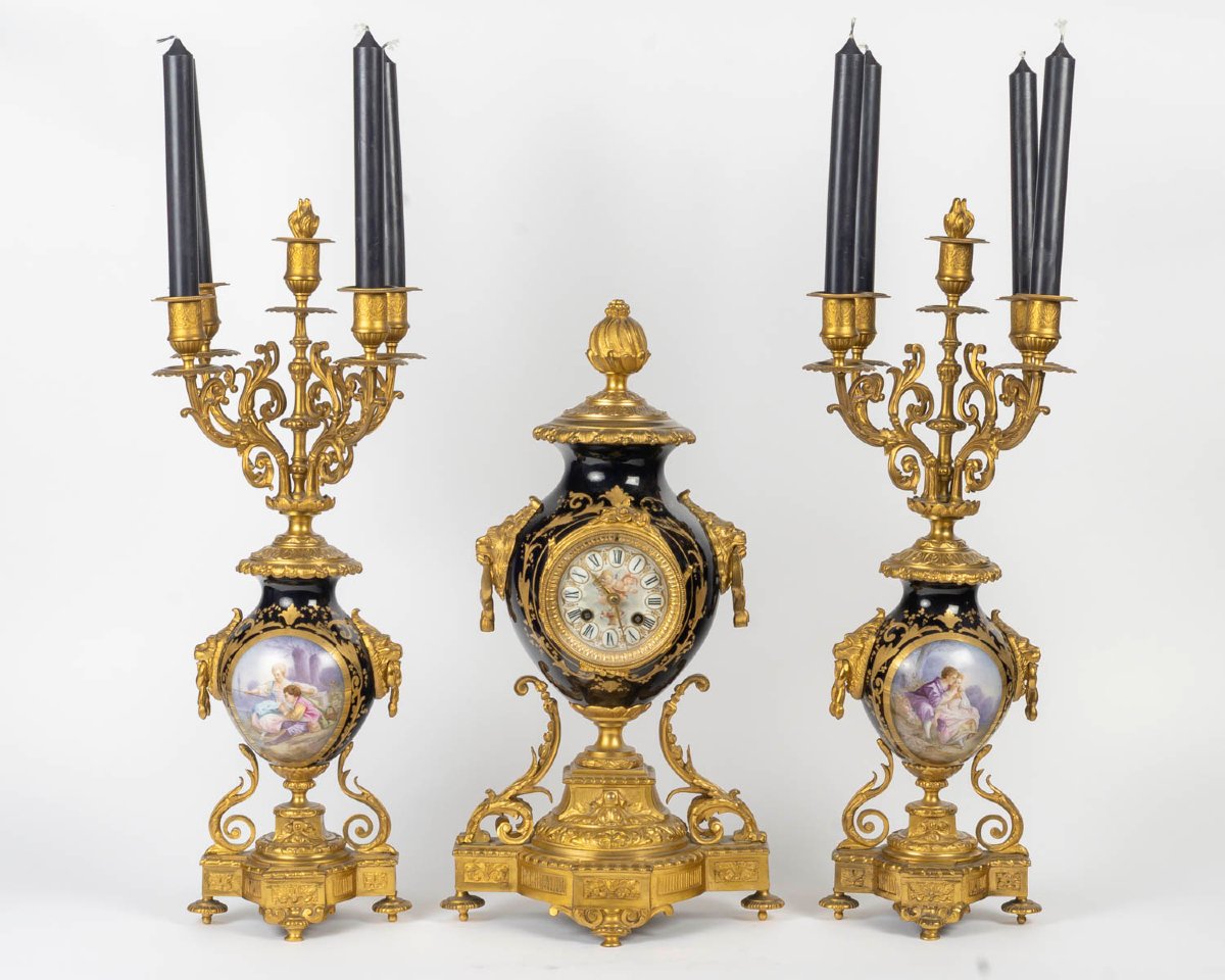 Napoleon III-style Fireplace Mantelpiece In Gilded Bronze And Sèvres Blue Porcelain – Late 19th Century 