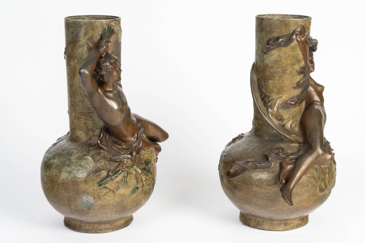 Paire de vases Art nouveau en régule polychrome - signés L. Moreau, début du XXe siècle-photo-3