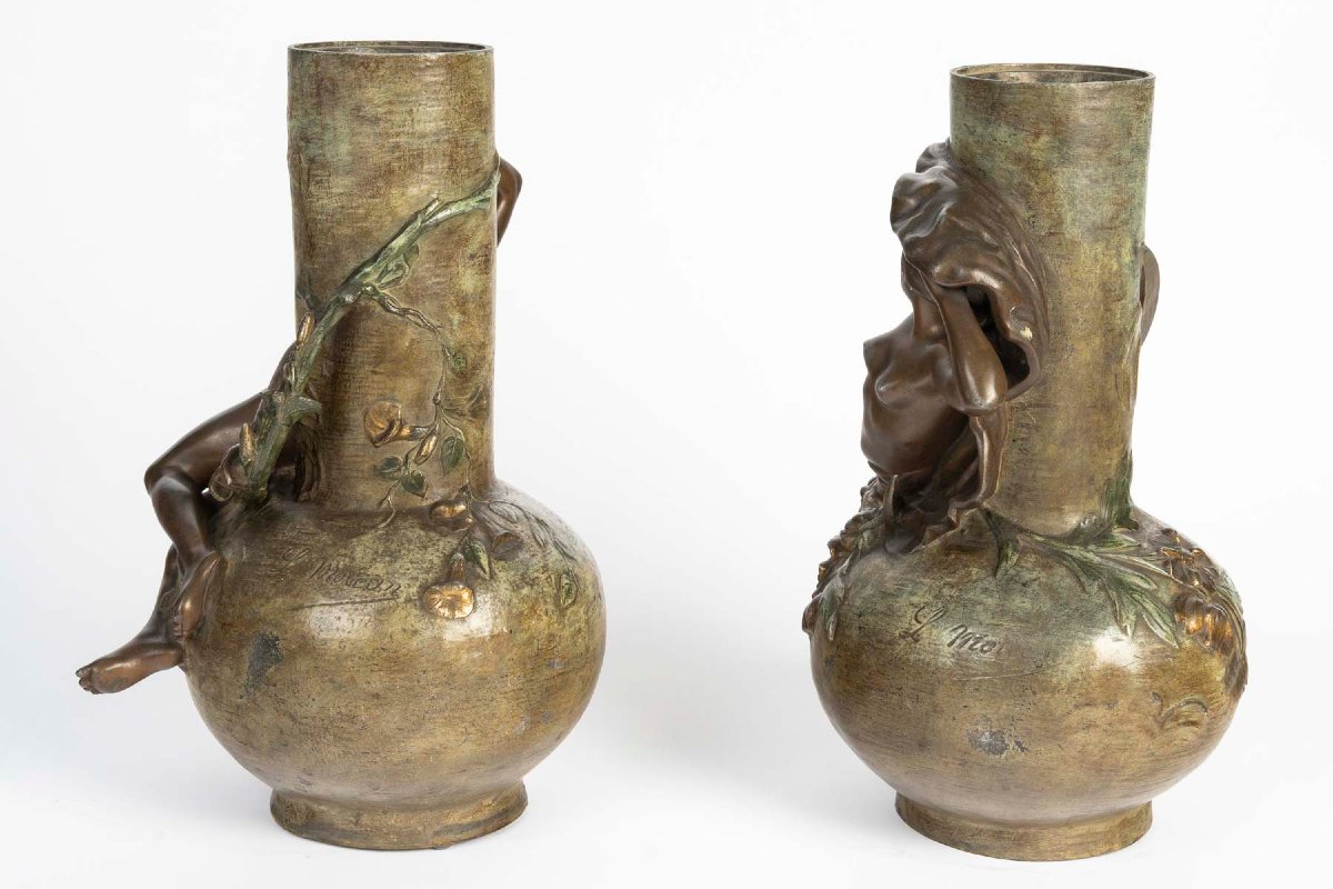 Paire de vases Art nouveau en régule polychrome - signés L. Moreau, début du XXe siècle-photo-4