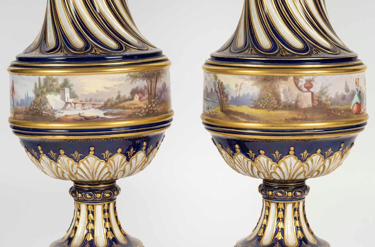 Pair Of Large Twisted Vases Made Of Painted And Gilded Porcelain, 19th Century-photo-2