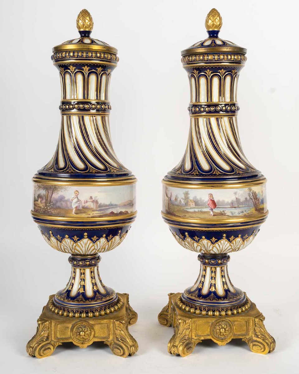Pair Of Large Twisted Vases Made Of Painted And Gilded Porcelain, 19th Century-photo-5