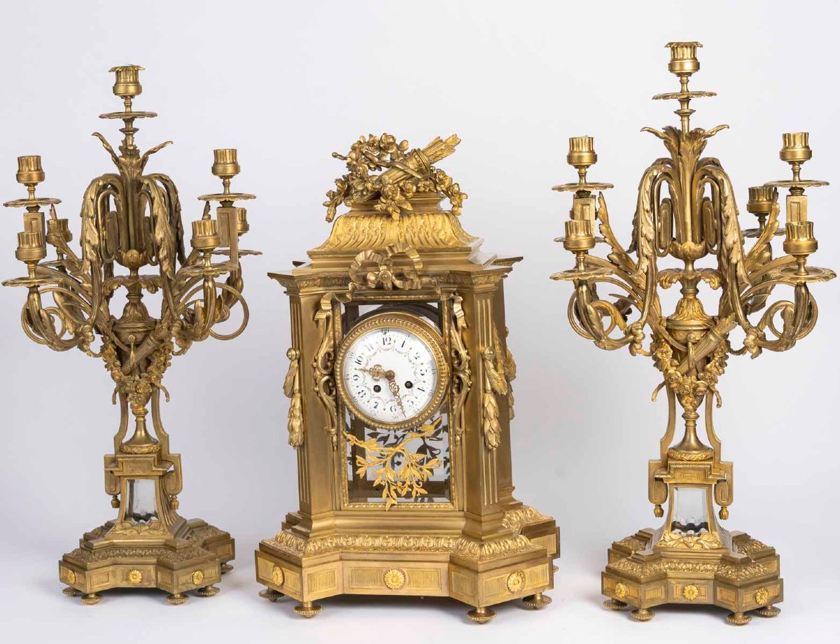 Fireplace Mantelpiece In Gilded Bronze And Faceted Crystal, Napoleon III Period—louis XVI Style
